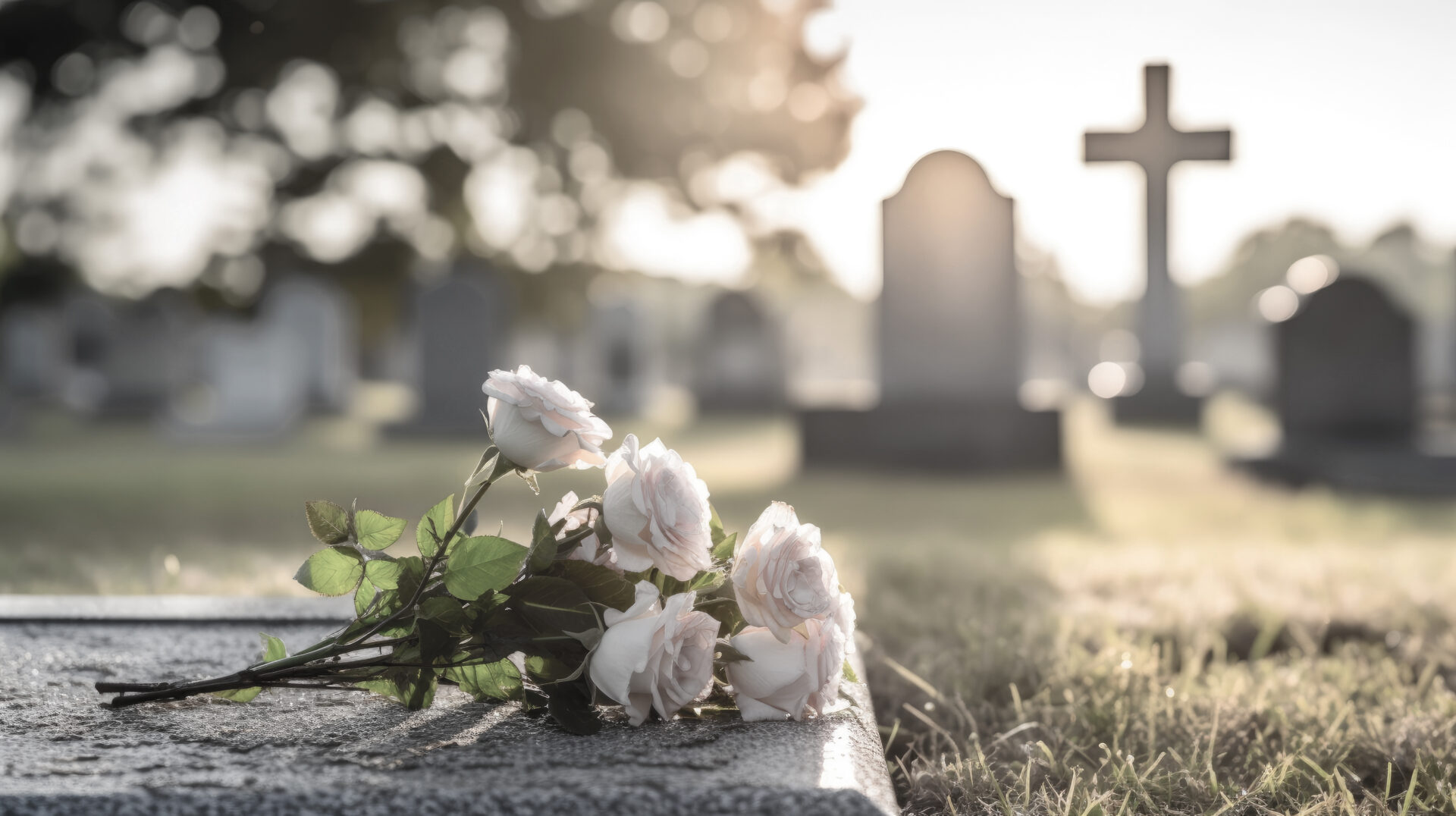 Rosen auf einem Grab, Friedhof im Hintergrund.