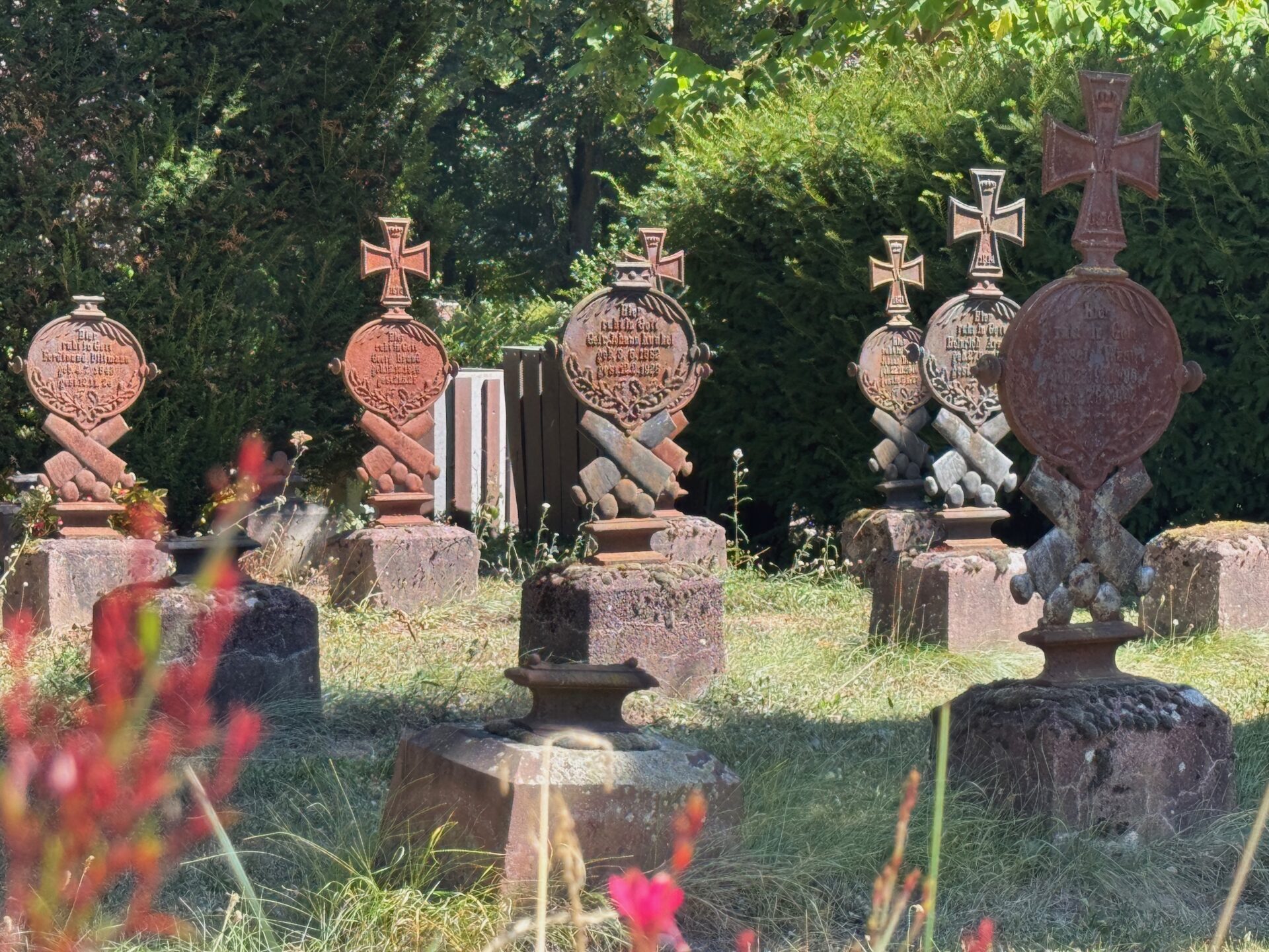 Eine Gruppe von alten, verzierten eisernen Grabsteinen mit Kreuzen steht auf einem grasbewachsenen Friedhof in der Kurmainzer Straße in Frankfurt am Main, umgeben von Grün und Sonnenlicht, wobei im Vordergrund rote Blumen zu sehen sind.