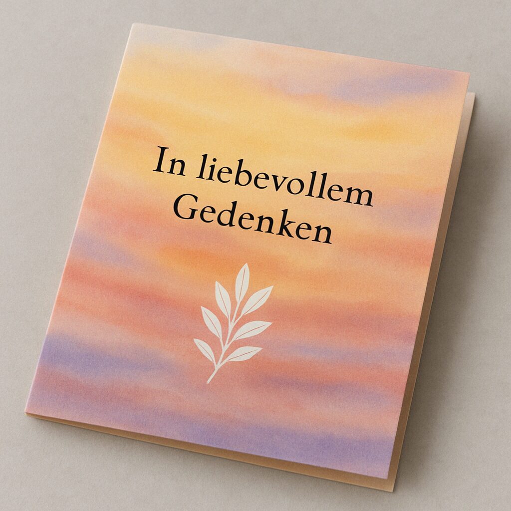 Eine stilvolle, bunte Trauerkarte mit Kondolenzschreiben "In liebevollem Gedenken"
