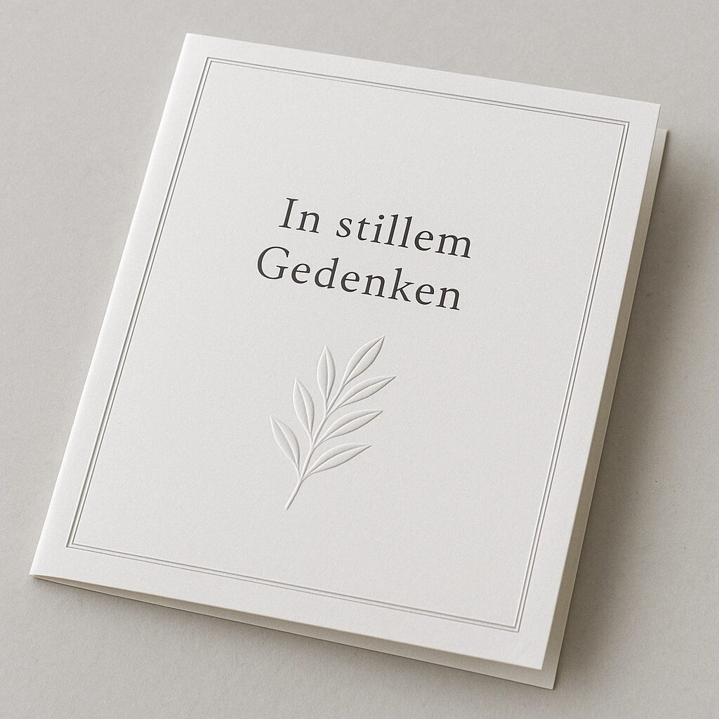 Eine stilvolle, schwarz-weisse Trauerkarte mit Kondolenzschreiben "In stillem Gedenken"