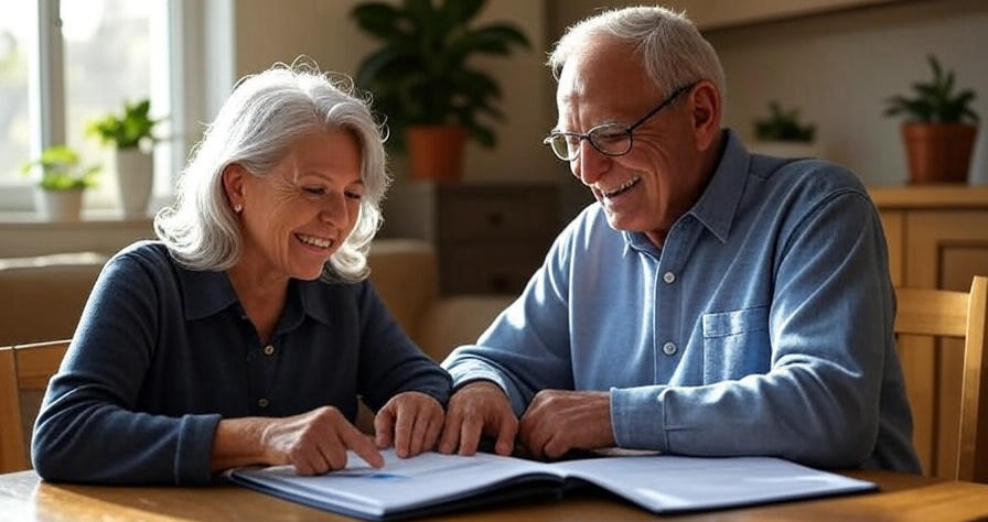 Ein älteres Ehepaar sitzt an einem Holztisch, lächelt und betrachtet gemeinsam den fertigen Plan über die Finanzierung der Kosten einer Bestattung in einem gemütlichen, sonnendurchfluteten Raum mit Topfpflanzen im Hintergrund.